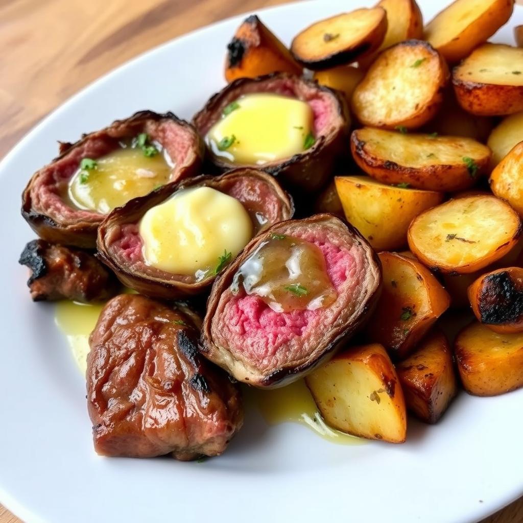 garlic butter steak bites and potatoes