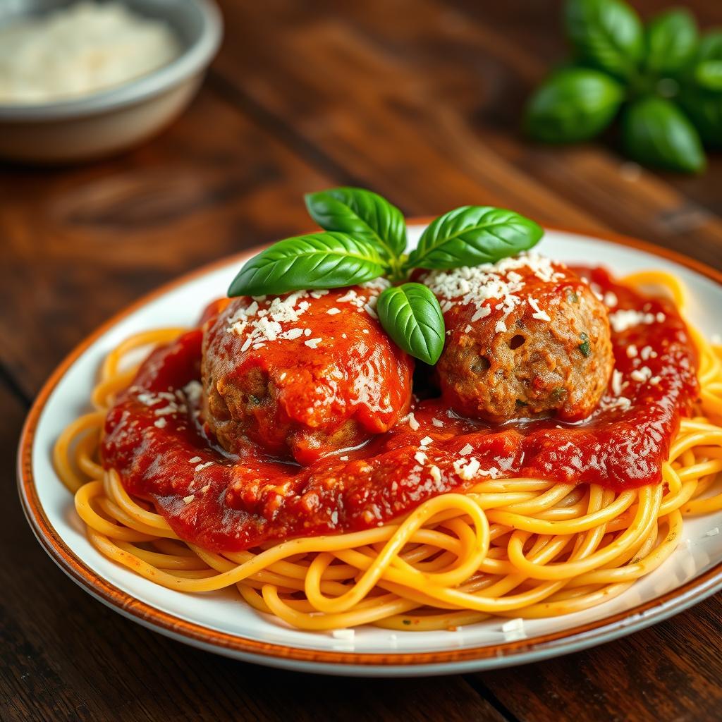 pasta with marinara sauce with two meatballs in it