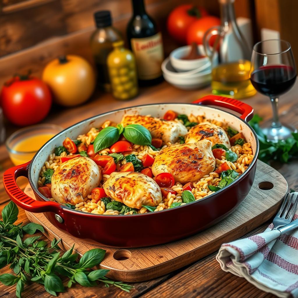 tuscan chicken orzo dump and bake